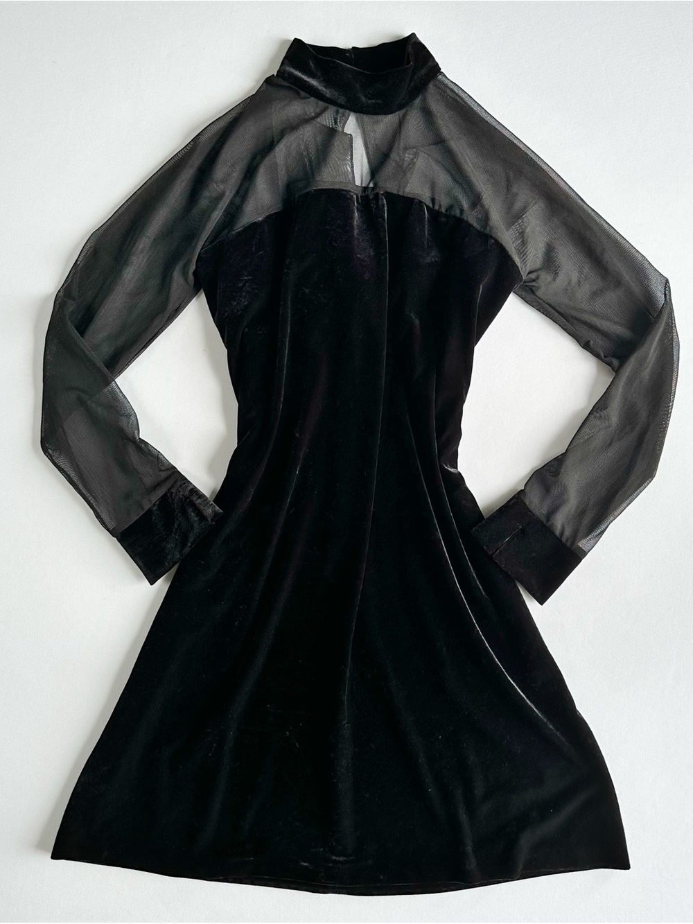 90s vintage whimsigoth Black Velvet Mesh Midi Dress with Long Sleeves